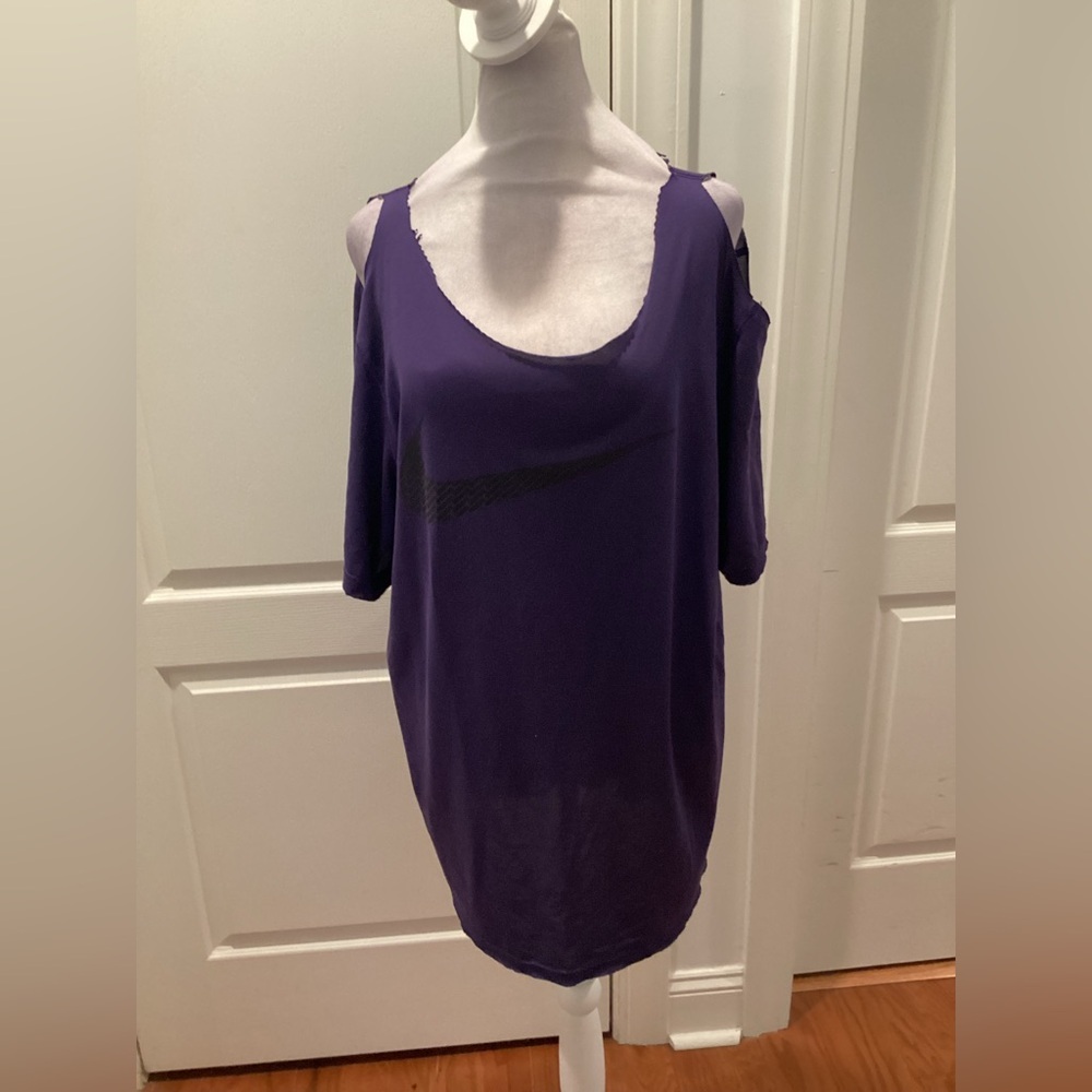 Customized Purple Cold-Shoulder Scoop Neck Raw Trim Tee